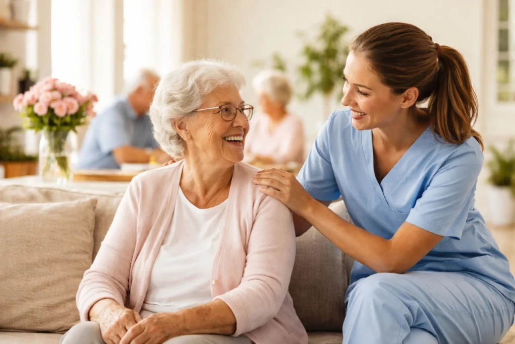 An elderly woman smiling as she receives attentive care from a female nurse at Safe Harbor Amoré in Spring Hill, Florida