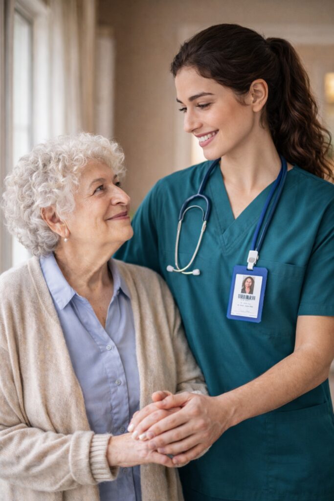 Female caregiver providing personal assistance to a resident at Safe Harbor Amoré assisted living in Spring Hill, Florida